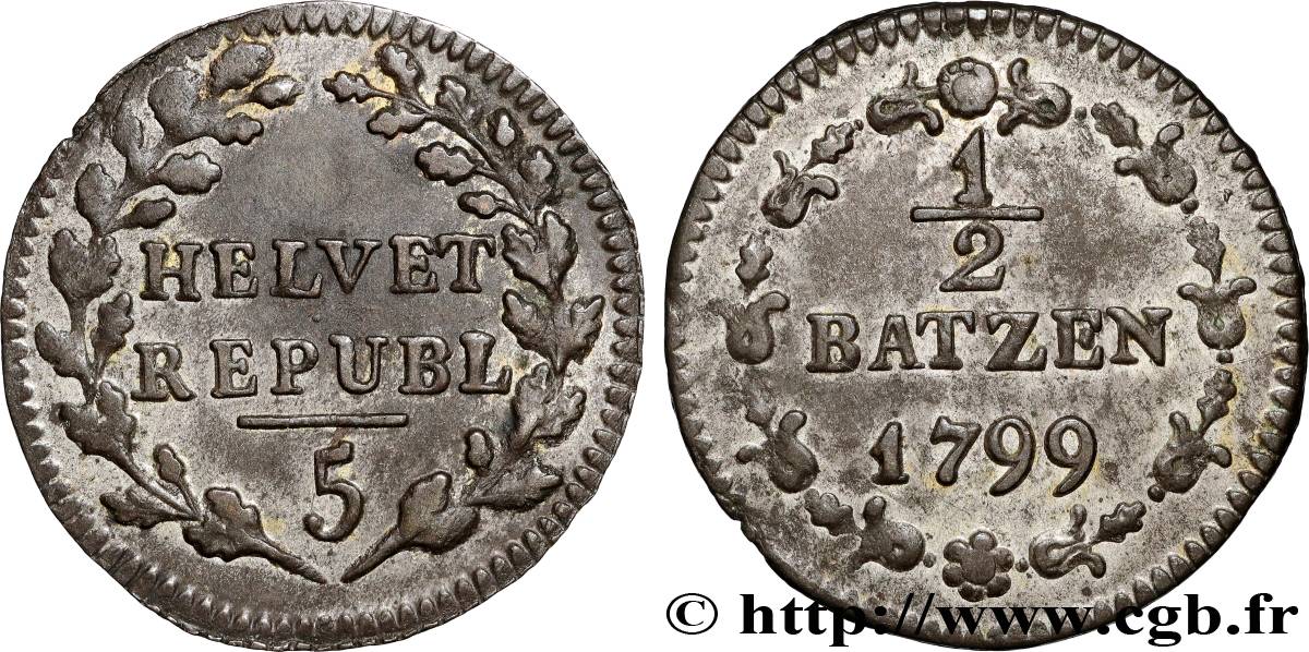 SUISSE - RÉPUBLIQUE HELVÉTIQUE 1/2 Batzen 1799 Berne TTB+ 