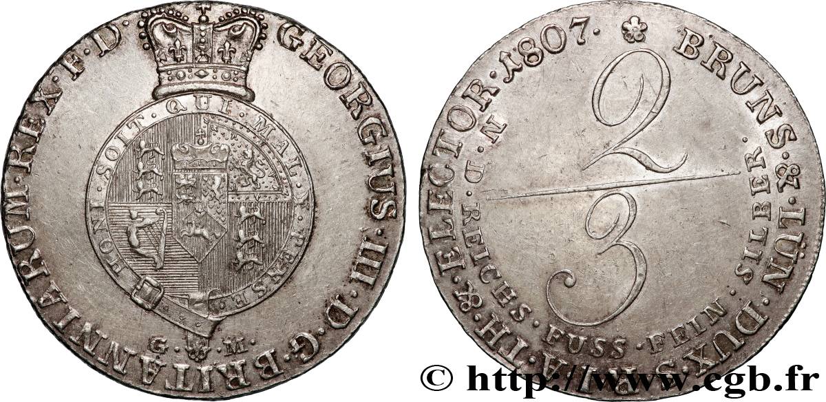 GERMANY - KINGDOM OF HANOVER - GEORGE III OF THE UNITED KINGDOM 2/3 Thaler  1807 Hanovre AU 