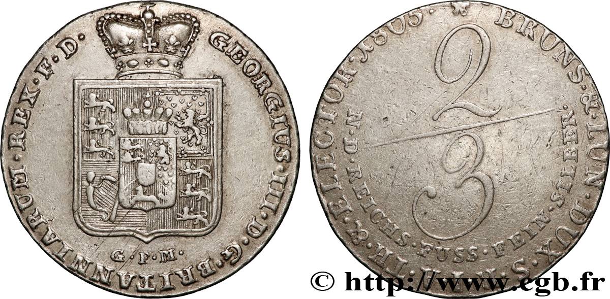 ALLEMAGNE - ROYAUME DE HANOVRE - GEORGES III D ANGLETERRE 2/3 de thaler 1805 Clausthal SS 