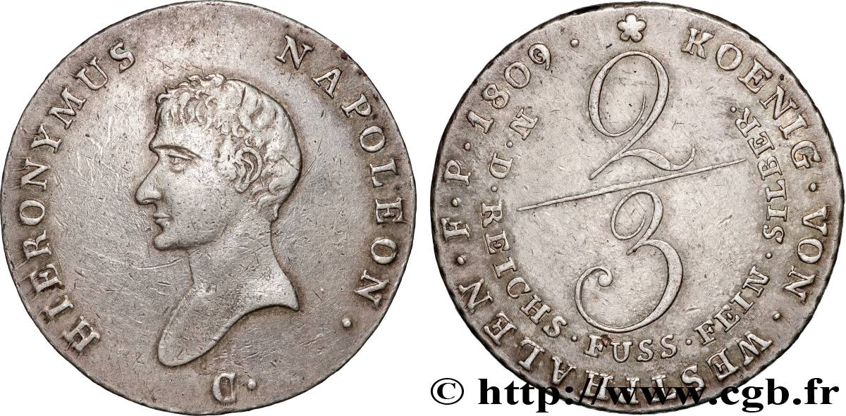 ALLEMAGNE - ROYAUME DE WESTPHALIE - JÉRÔME NAPOLÉON 2/3 Thaler, 1er type 1809 Clausthal TTB 