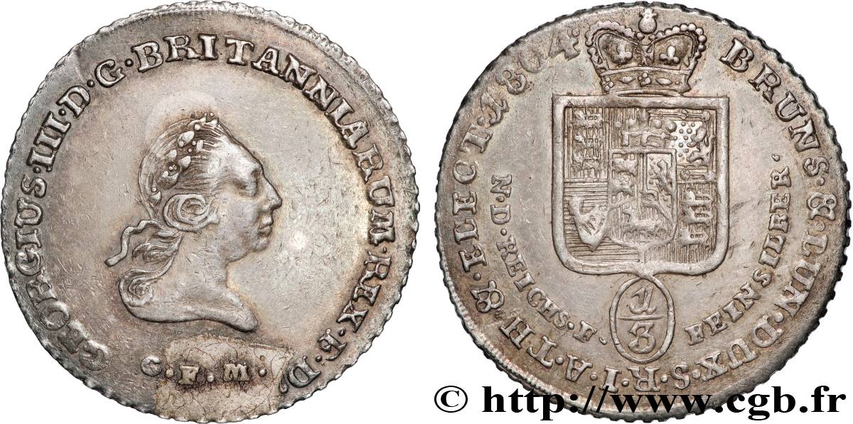 ALLEMAGNE - DUCHÉ DE BRUNSWICK LUNEBOURG - GEORGES III D ANGLETERRE 1/3 Thaler 1804  TTB+ 