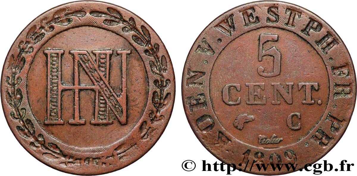 GERMANY - KINGDOM OF WESTPHALIA 5 Centimes monogramme de Jérôme Napoléon 1809 Cassel XF 