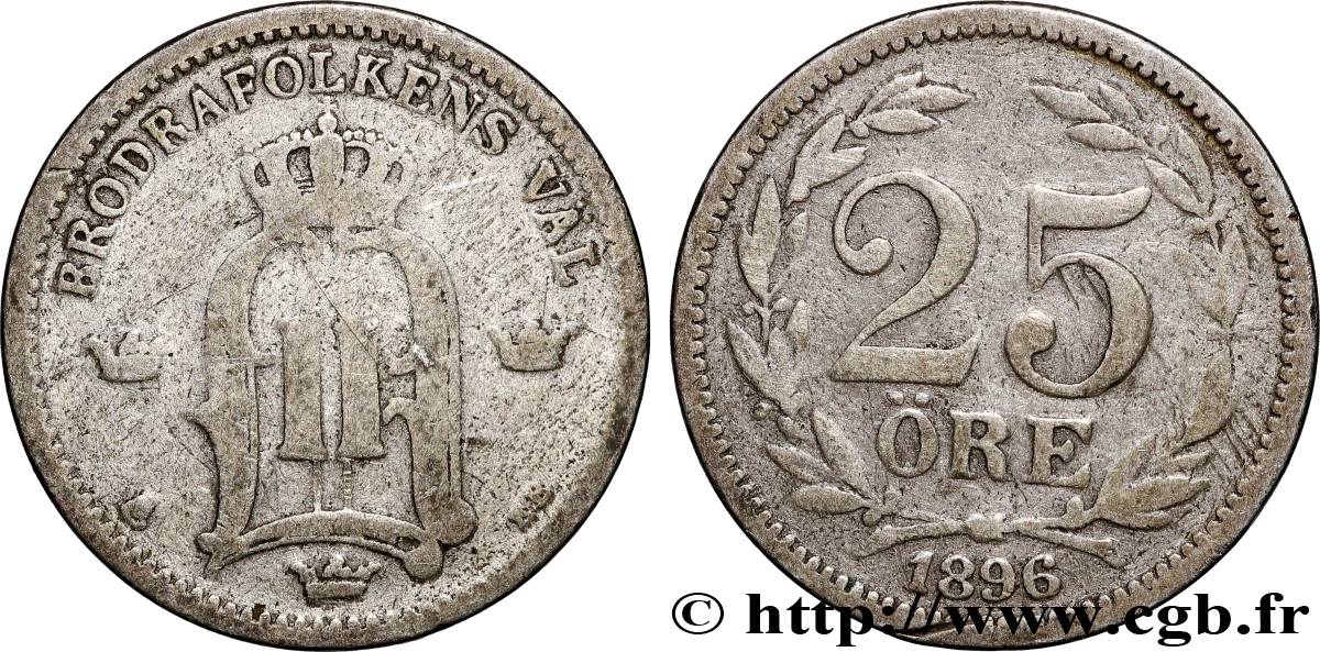 SUECIA 25 Ore Oscar II de Suède et de Norvège, type à grand “25” 1896  BC+ 