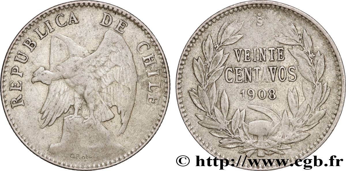 CILE 20 Centavos Condor 1908 Santiago - S° q.BB 