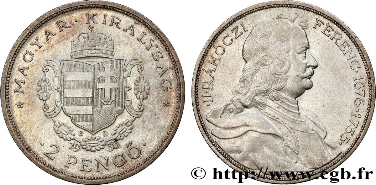 HONGRIE 2 Pengo 300e anniversaire de François II Rákóczi 1935 Budapest TTB+ 