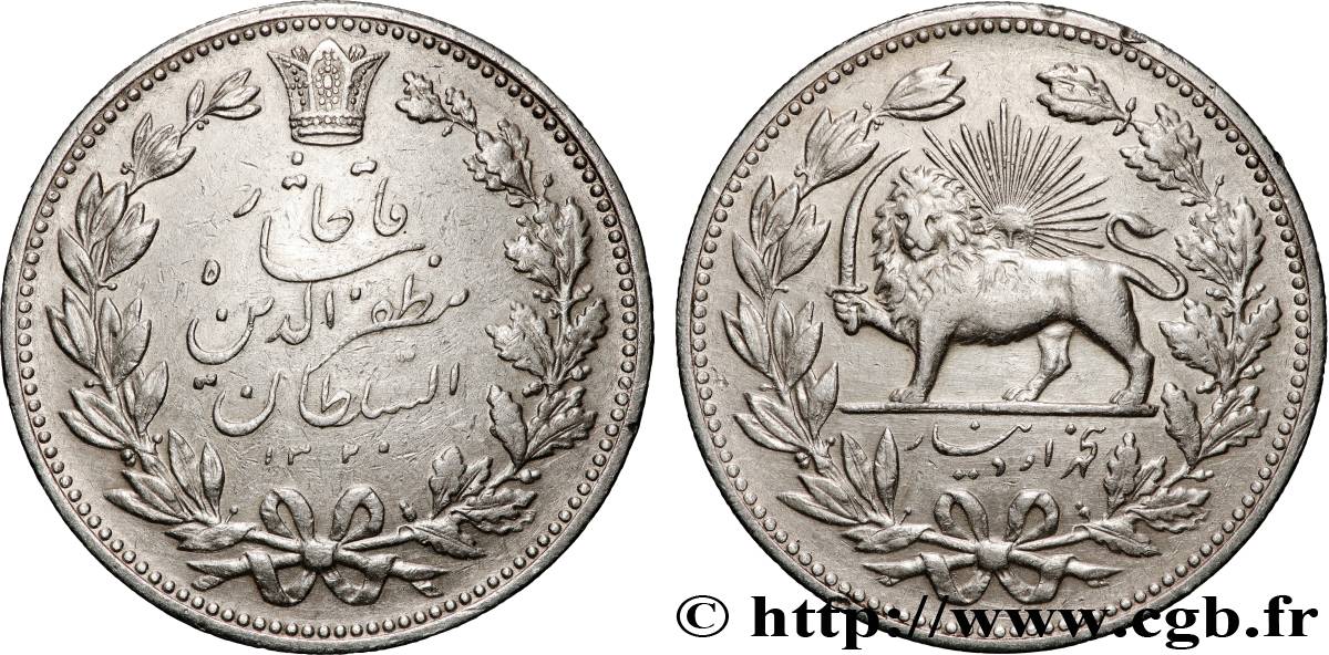 IRAN 5000 Dinars (5 Kran) frappe pour Muzaffar al-Din Shah AH 1320 (1902)  TTB+ 