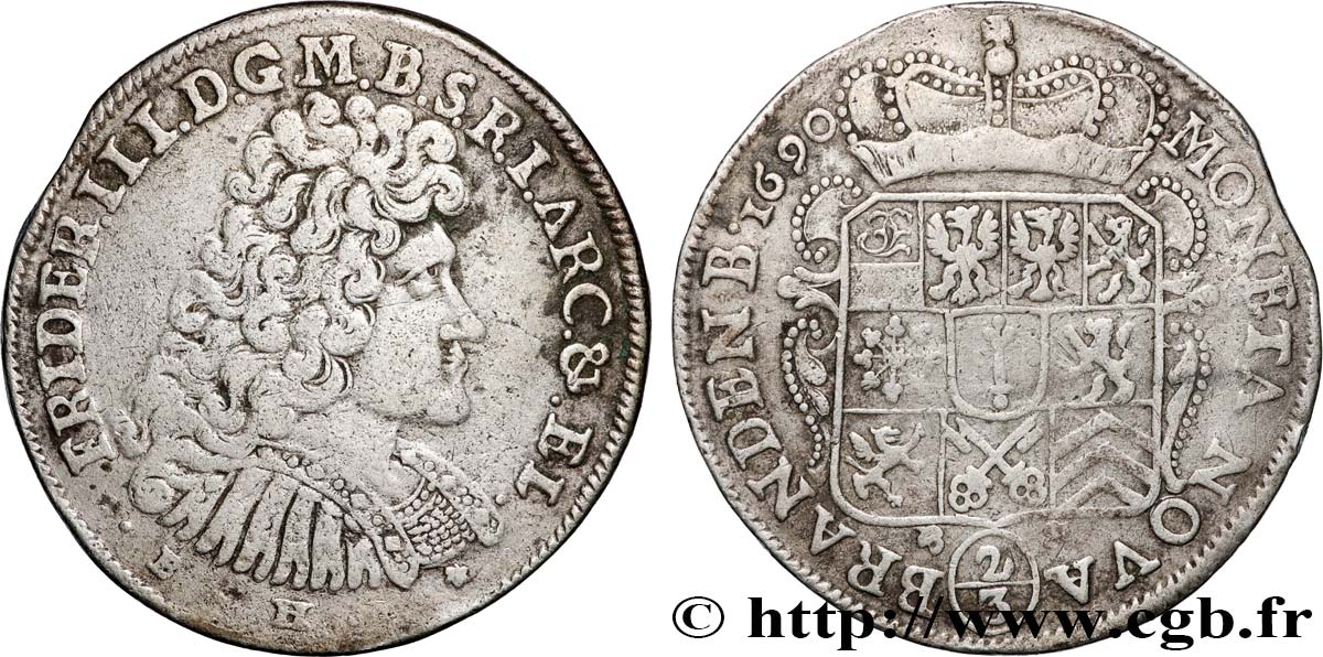 GERMANY - BRANDEBOURG-PRUSSIA 2/3 thaler ou gulden Frédéric III 1689 Berlin VF 