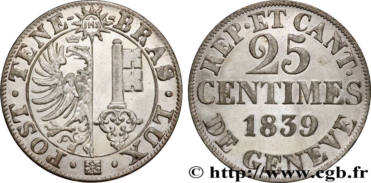 SUISSE - RÉPUBLIQUE DE GENÈVE 25 Centimes 1839  SUP 