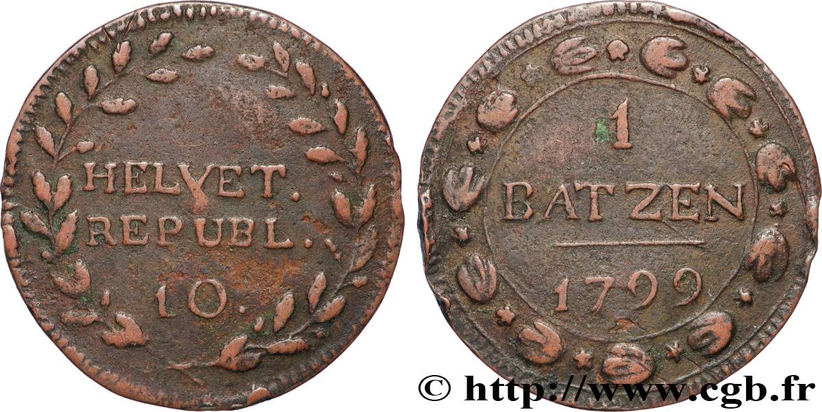 SWITZERLAND - HELVETIC REPUBLIC 1 Batzen (10 Rappen) République Helvétique 1799  XF 