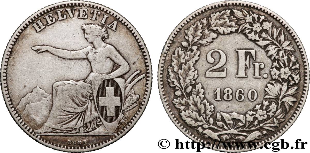 SUISSE 2 Francs Helvetia 1860 Berne TB+ 