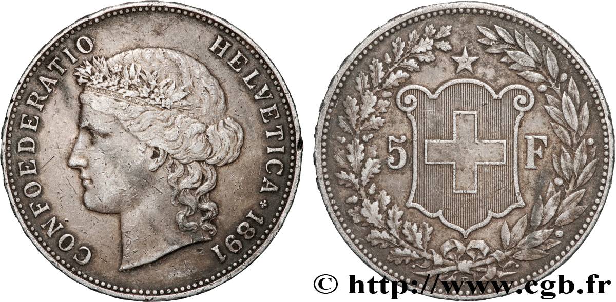 SWITZERLAND 5 Francs Helvetia 1891 Berne VF 