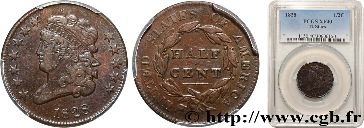 VEREINIGTE STAATEN VON AMERIKA 1/2 (Half) Cent ‘Classic Head’ 1828 Philadelphie SS40 PCGS