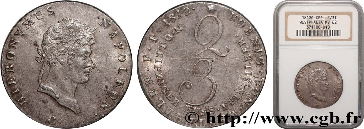 GERMANY - KINGDOM OF WESTPHALIA - JÉRÔME NAPOLÉON 2/3 Thaler ou gulden 1812 Clausthal MS62 autre