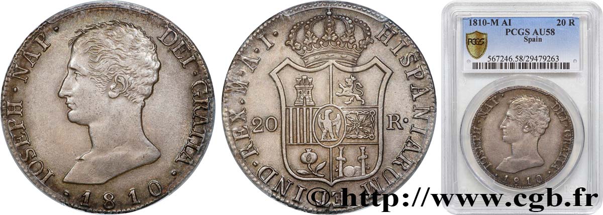 SPAIN - KINGDOM OF SPAIN - JOSEPH NAPOLEON 20 Reales ou 5 Pesetas 1810 Madrid AU58 PCGS