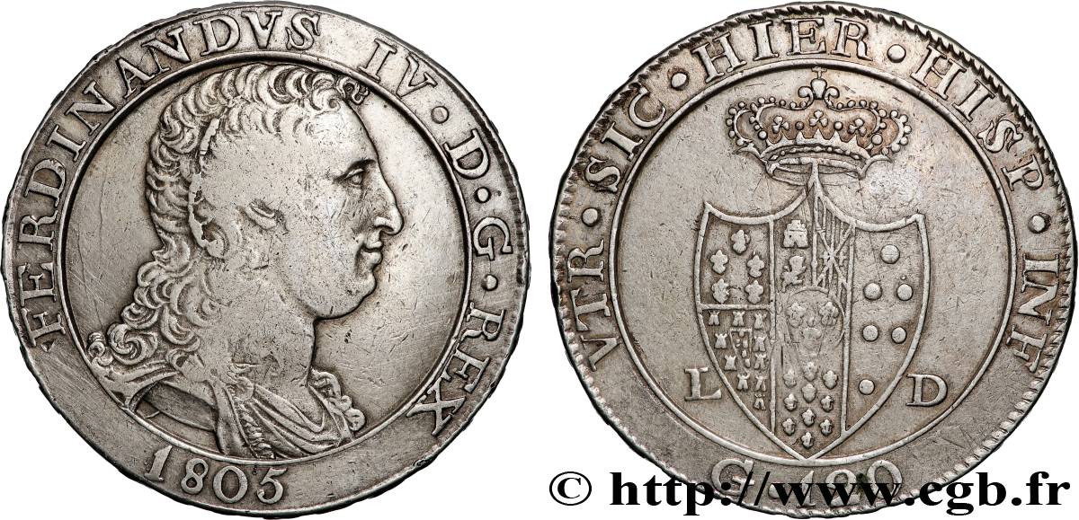 ITALIA - REINO DE NÁPOLES - FERNANDO IV 1 Piastre de 120 Grana 1805  MBC 