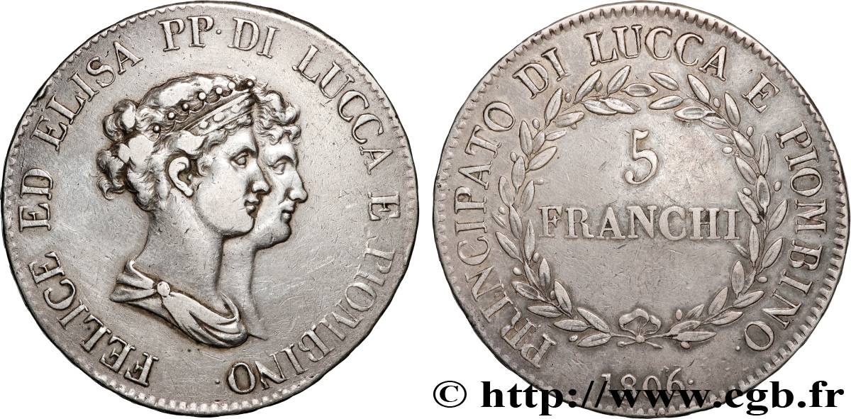 ITALY - PRINCIPALTY OF LUCCA AND PIOMBINO - FELIX BACCIOCHI AND ELISA BONAPARTE 5 Franchi, bustes moyens 1806 Florence XF 