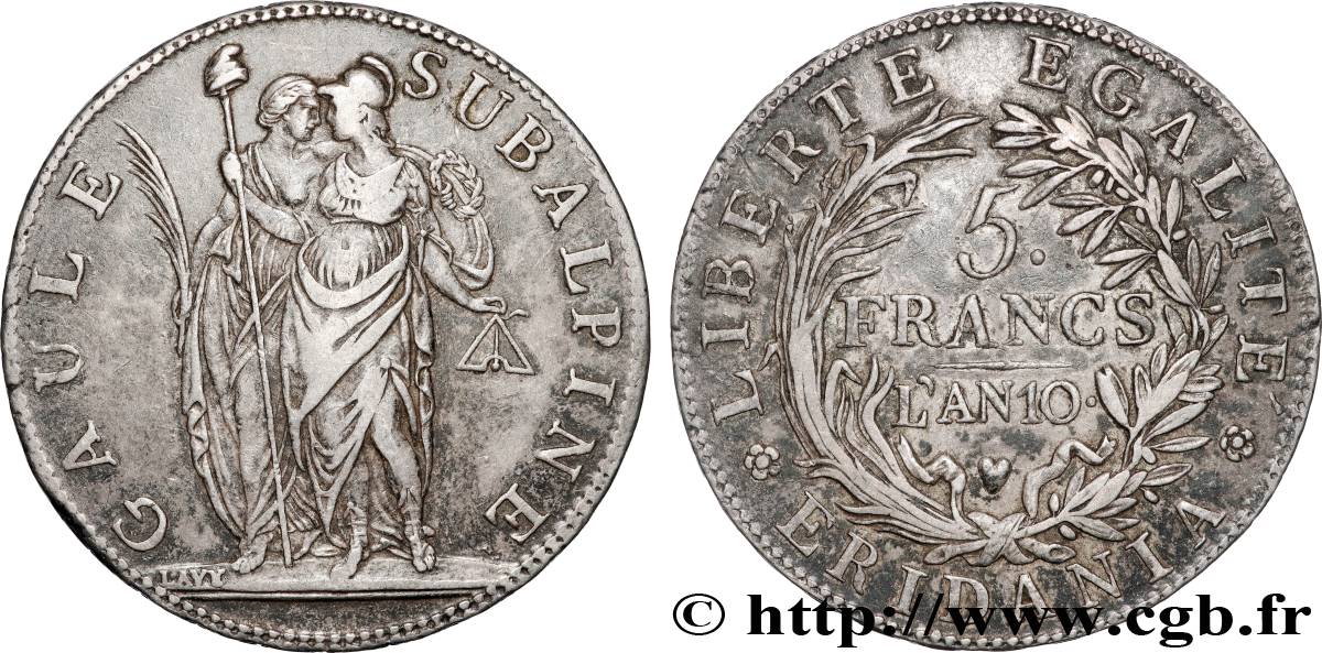 ITALY - SUBALPINE GAUL 5 Francs an 10 1802 Turin XF 