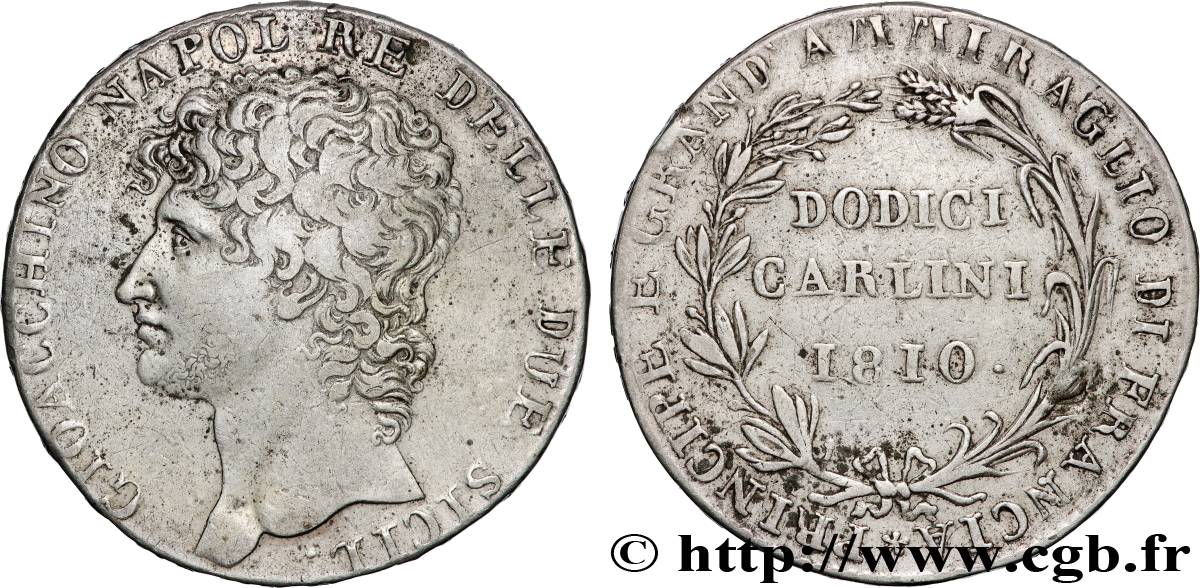 ITALIA - REINO DE NÁPOLES - JOAQUÍM MURAT Piastre de 12 Carlini, 1er type 1810 Naples MBC 