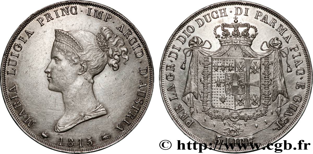 ITALIA - DUCATO DI PARMA PIACENZA E GUASTALLA - MARIA LUISA DE AUSTRIA 5 Lire 1815 Milan q.SPL 