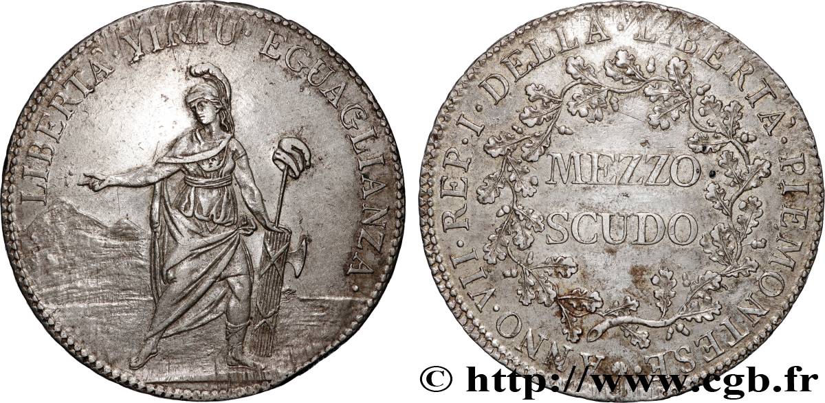 ITALY - PIEDMONT REPUBLIC Demi-écu ou Mezzo Scudo 1799 Turin XF 