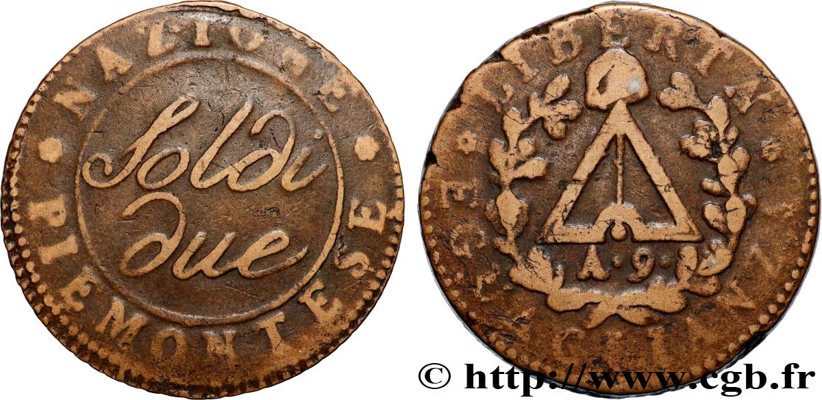 ITALY - PIEDMONT REPUBLIC 2 Soldi Piemont  an 9 1801  XF 