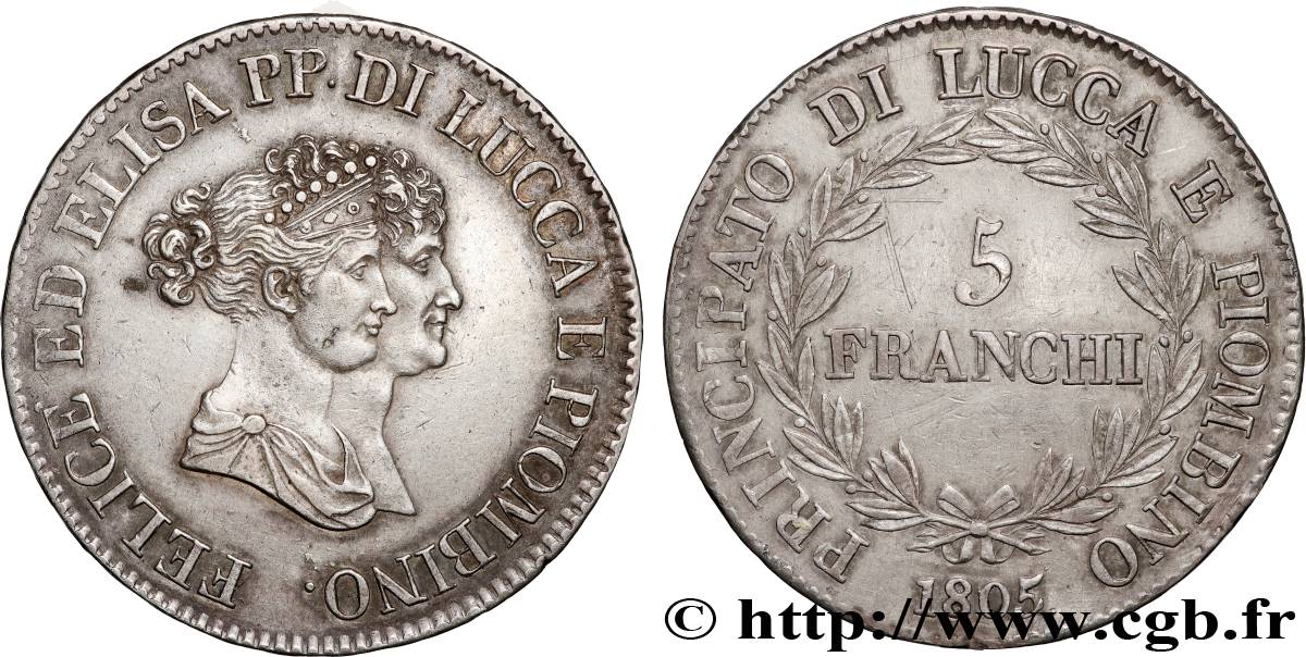 ITALIA - PRINCIPADO DE LUCCA Y PIOMBINO - FELICE BACCIOCHI Y ELISA BONAPARTE 5 Franchi - Moyens bustes 1805 Florence MBC+ 