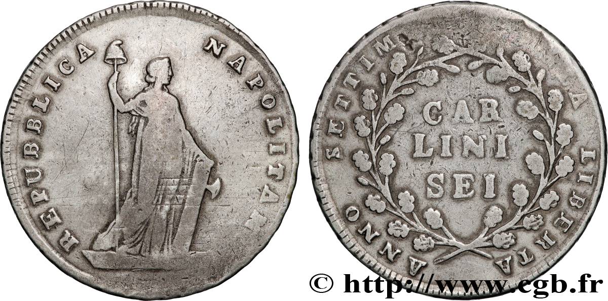 ITALIE - RÉPUBLIQUE NAPOLITAINE 6 Carlini ‘Liberté’ an VII 1799 Naples TB 