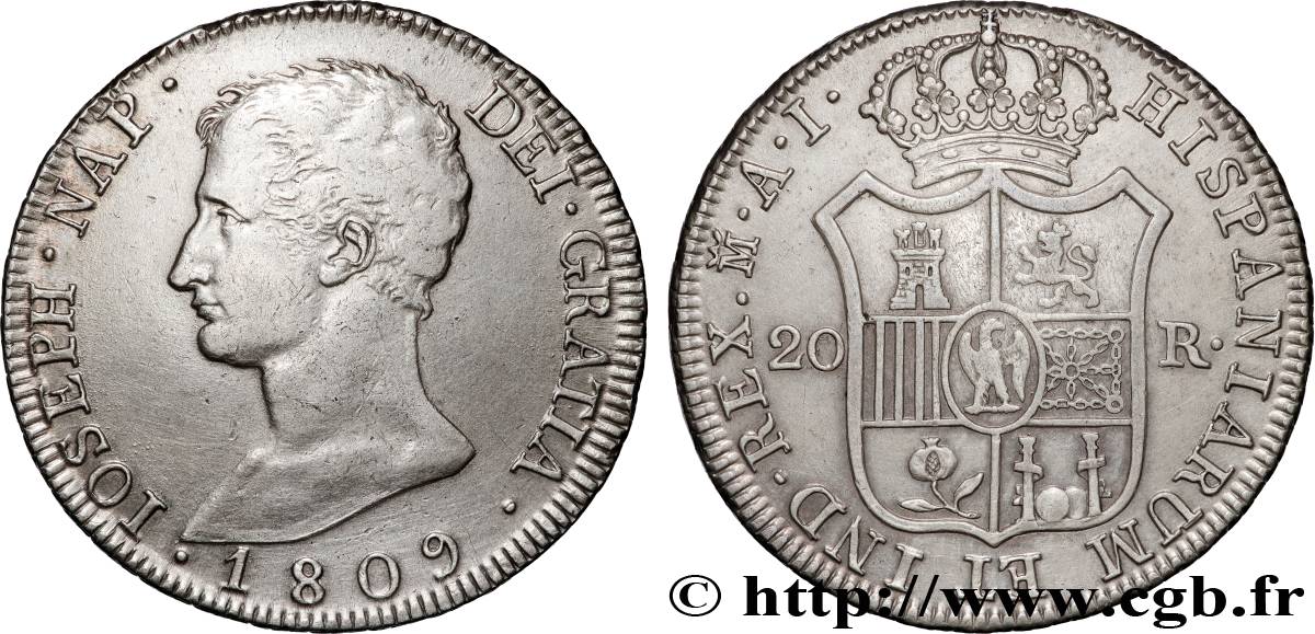 SPAIN - KINGDOM OF SPAIN - JOSEPH NAPOLEON 20 Reales ou 5 Pesetas 1809 Madrid AU 