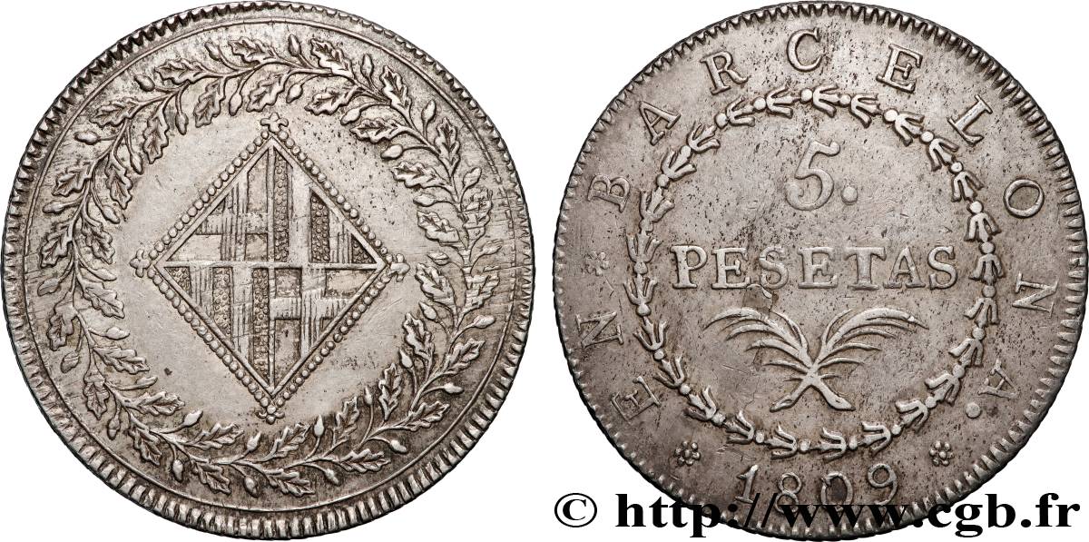 ESPAGNE - OCCUPATION FRANÇAISE DE BARCELONE 5 Pesetas 1809 Barcelone TTB+ 