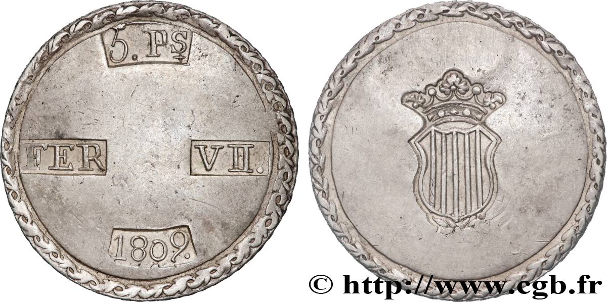 ESPAGNE - FERDINAND VII - SIÈGE DE TARRAGONE 5 Pesetas 1809 Tarragone TTB+ 