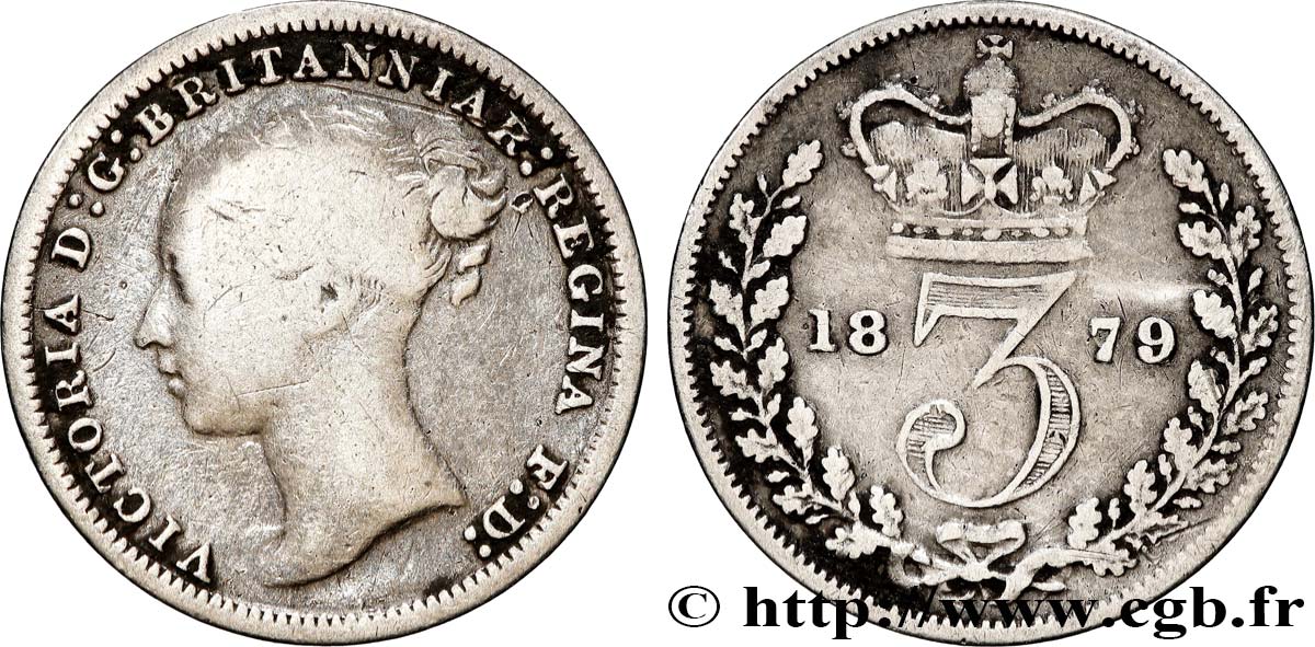 UNITED KINGDOM 3 Pence Victoria “Bun Head” 1879  VF 