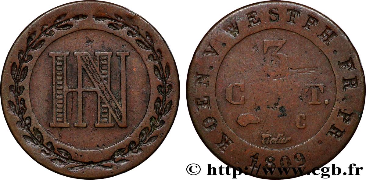 ALLEMAGNE - ROYAUME DE WESTPHALIE 3 Cent. Jérôme Napoléon 1809 Cassel - C TB+/TB 