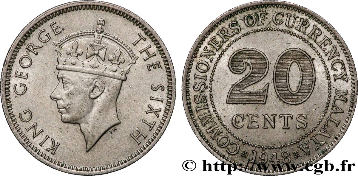 MALASIA 20 Cents Commission Monétaire de Malaisie Georges VI 1948 Royal Mint Londres EBC 