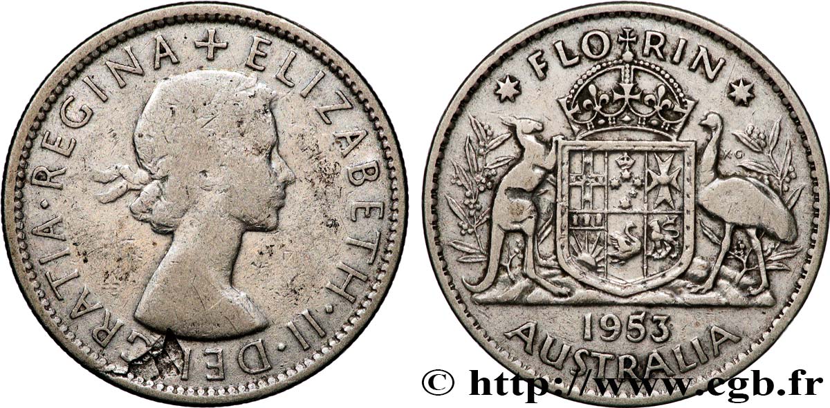 AUSTRALIA 1 Florin Elisabeth II 1953 Melbourne VF 