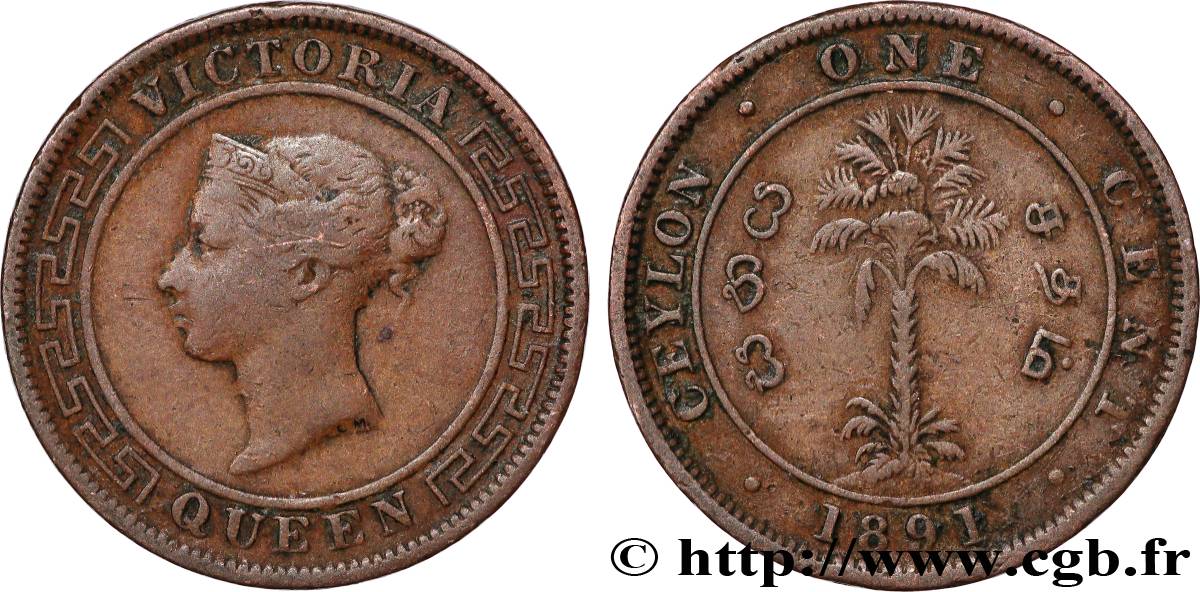 CEYLON 1 Cent Victoria 1891  VF 