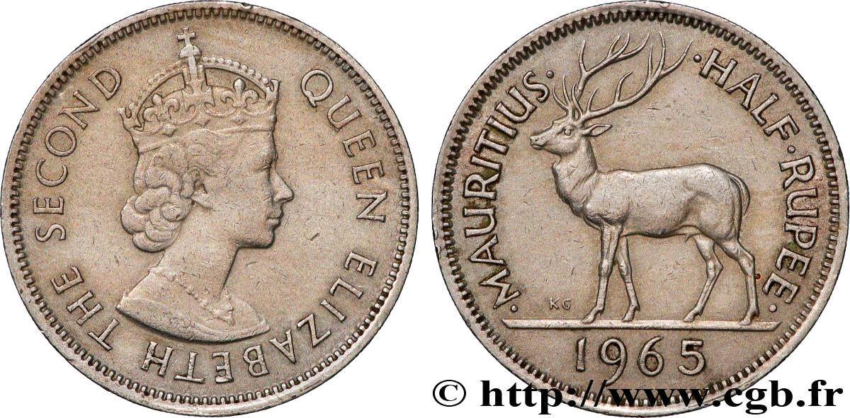 ÎLE MAURICE 1/2 Roupie Elisabeth II 1965 Londres TTB+ 