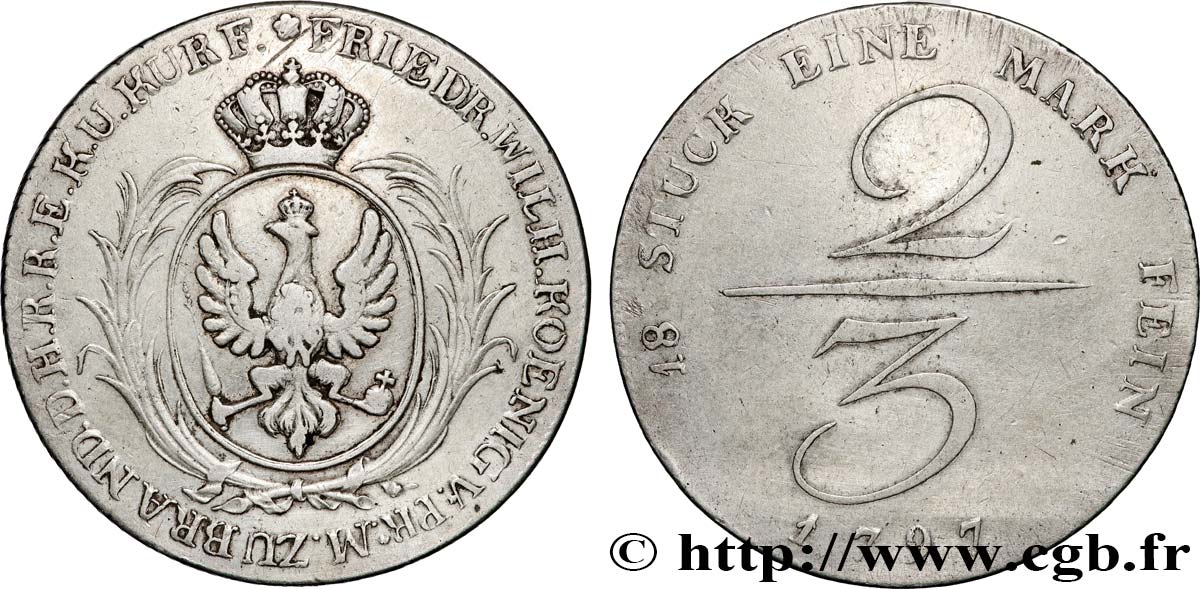 ALLEMAGNE - ROYAUME DE PRUSSE - FRÉDÉRIC-GUILLAUME II 2/3 Thaler (1 Gulden)  1797 Berlin XF 