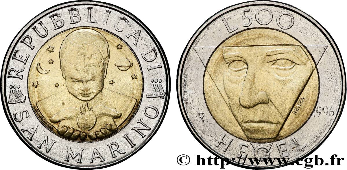 SAINT-MARIN 500 Lire philosophe Hegel 1996 Rome - R SUP 