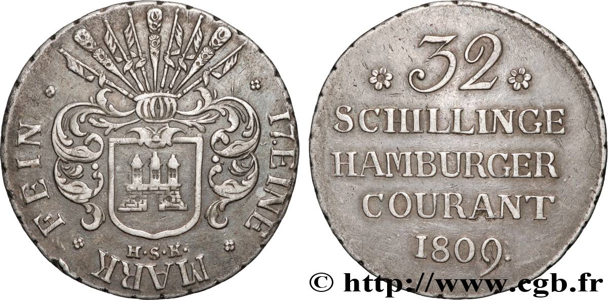 GERMANIA - TERRITORIO DI AMBURGO 32 schillings, 2e type 1809 Hambourg q.SPL 