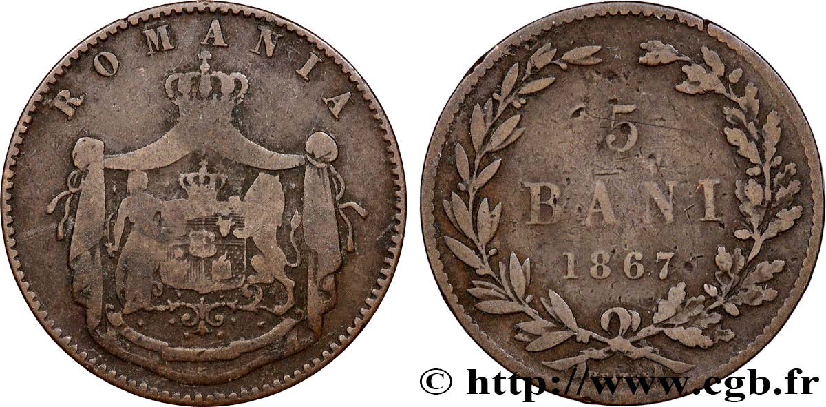 ROMANIA 5 Bani 1867 Heaton VF 