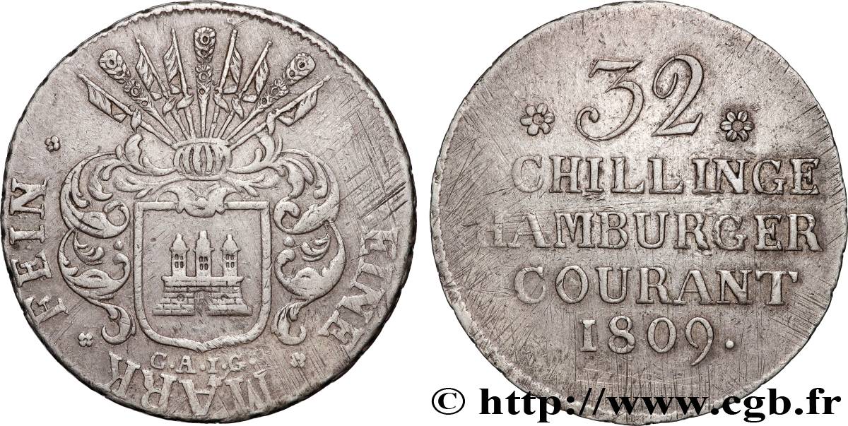 GERMANY - TERRITORY OF HAMBURG  32 schillings, 2e type 1809 Hambourg XF 