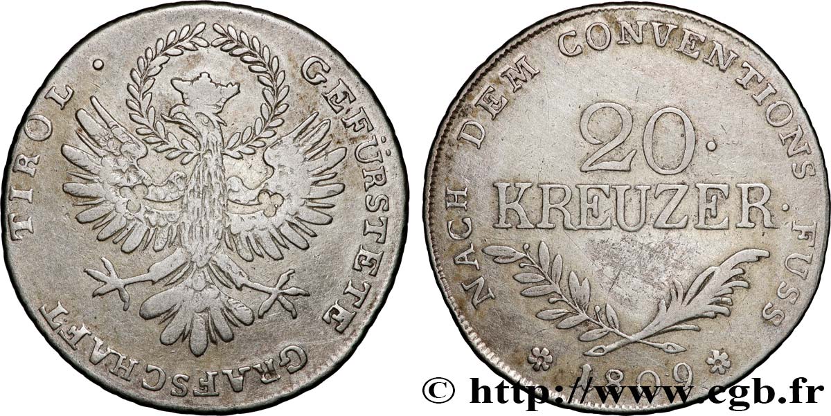 AUSTRIA - INSURRECTION OF TYROL 20 Kreuzer 1809 Hall XF 