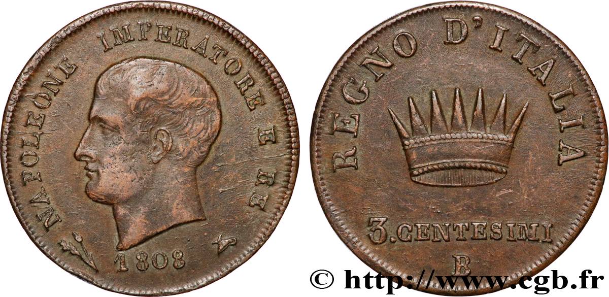 ITALY - KINGDOM OF ITALY - NAPOLEON I 3 Centesimi  1808 Bologne AU 