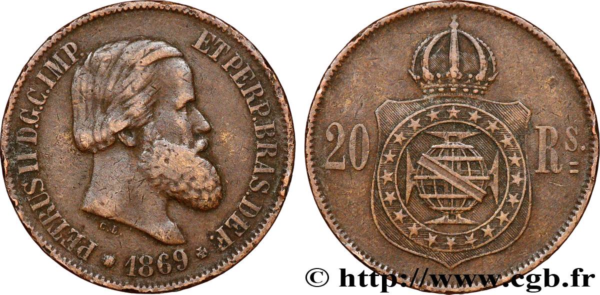 BRAZIL 20 Réis Pierre II 1869  XF 