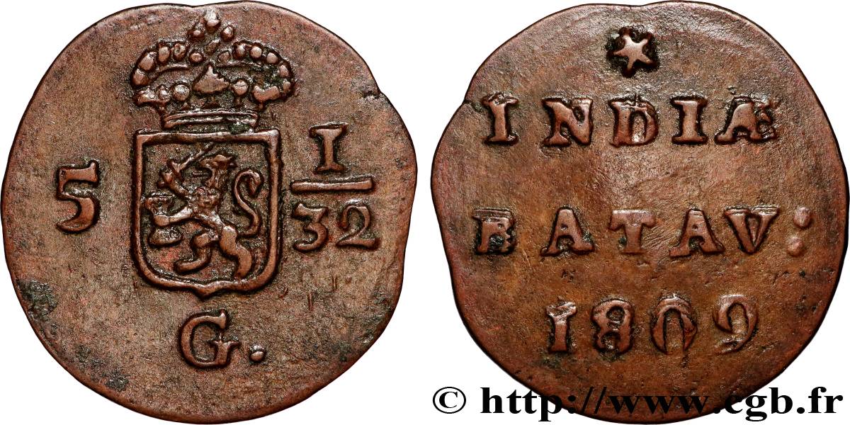 INDIAS NEERLANDESAS 5 1/32 Gulden (1/2 Duit) écu couronné des Pays-Bas 1809 Enkhuizen MBC+ 