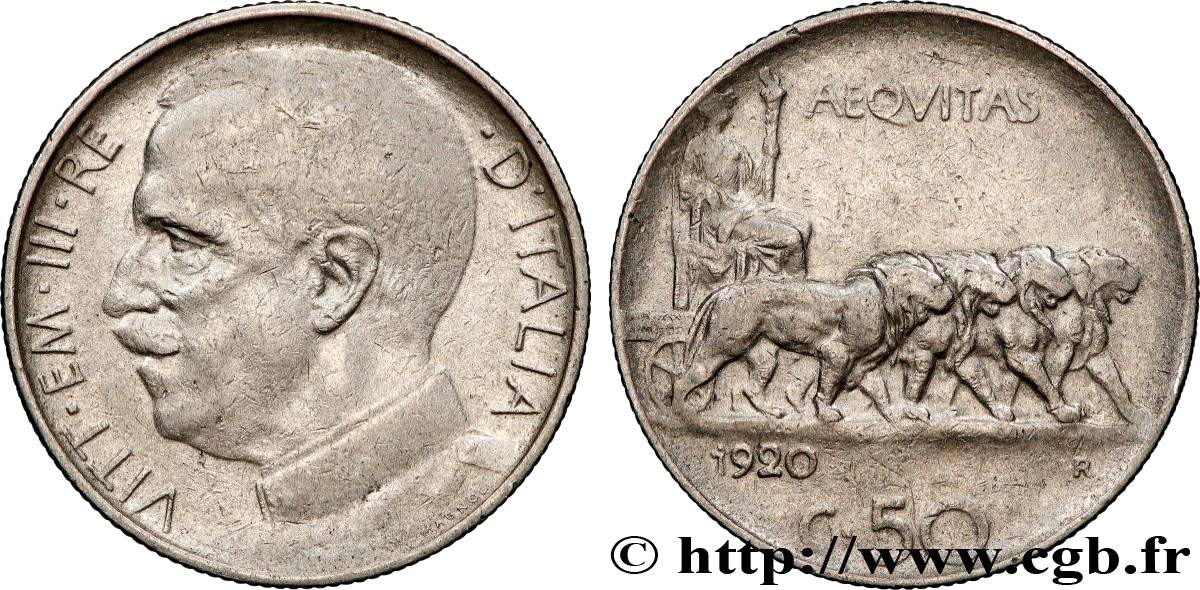 ITALY - KINGDOM OF ITALY - VICTOR-EMMANUEL III 50 Centesimi 1920 Rome VF 