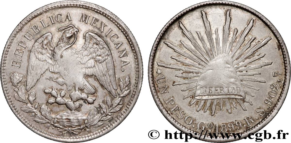 MÉXICO 1 Peso aigle / bonnet phrygien et rayons 1899 Guanajuato MBC+ 