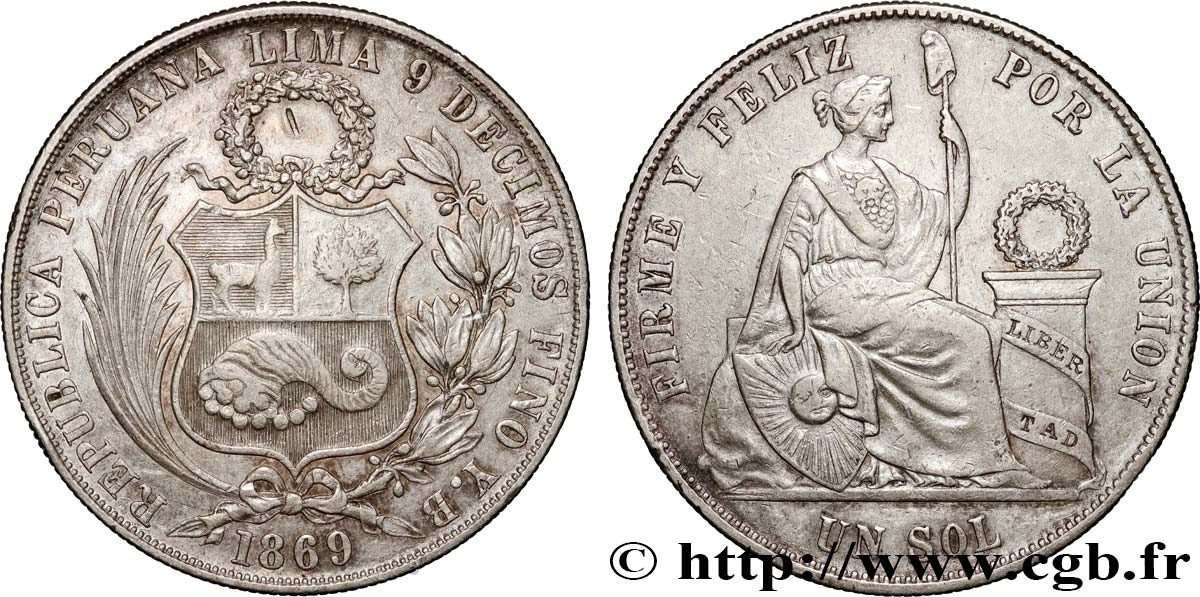 PERU 1 Sol “Liberté” assise 1869  XF 