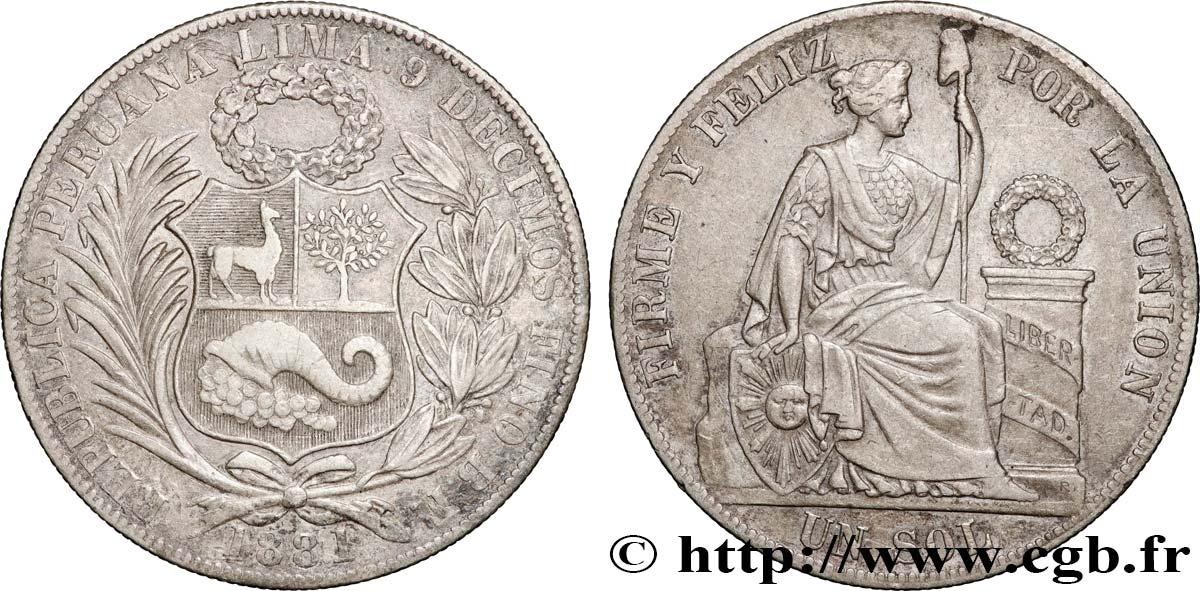 PERU 1 Sol Liberté assise 1881 Lima XF 