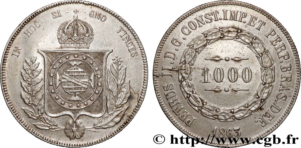 BRAZIL - EMPIRE OF BRAZIL - PETER II 1000 Reis 1863  AU 